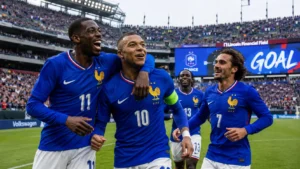 Kylian Mbappe celebrates with teammates after scoring for France against Iraq during the 2026 FIFA World Cup at Lincoln Financial Field, Philadelphia.