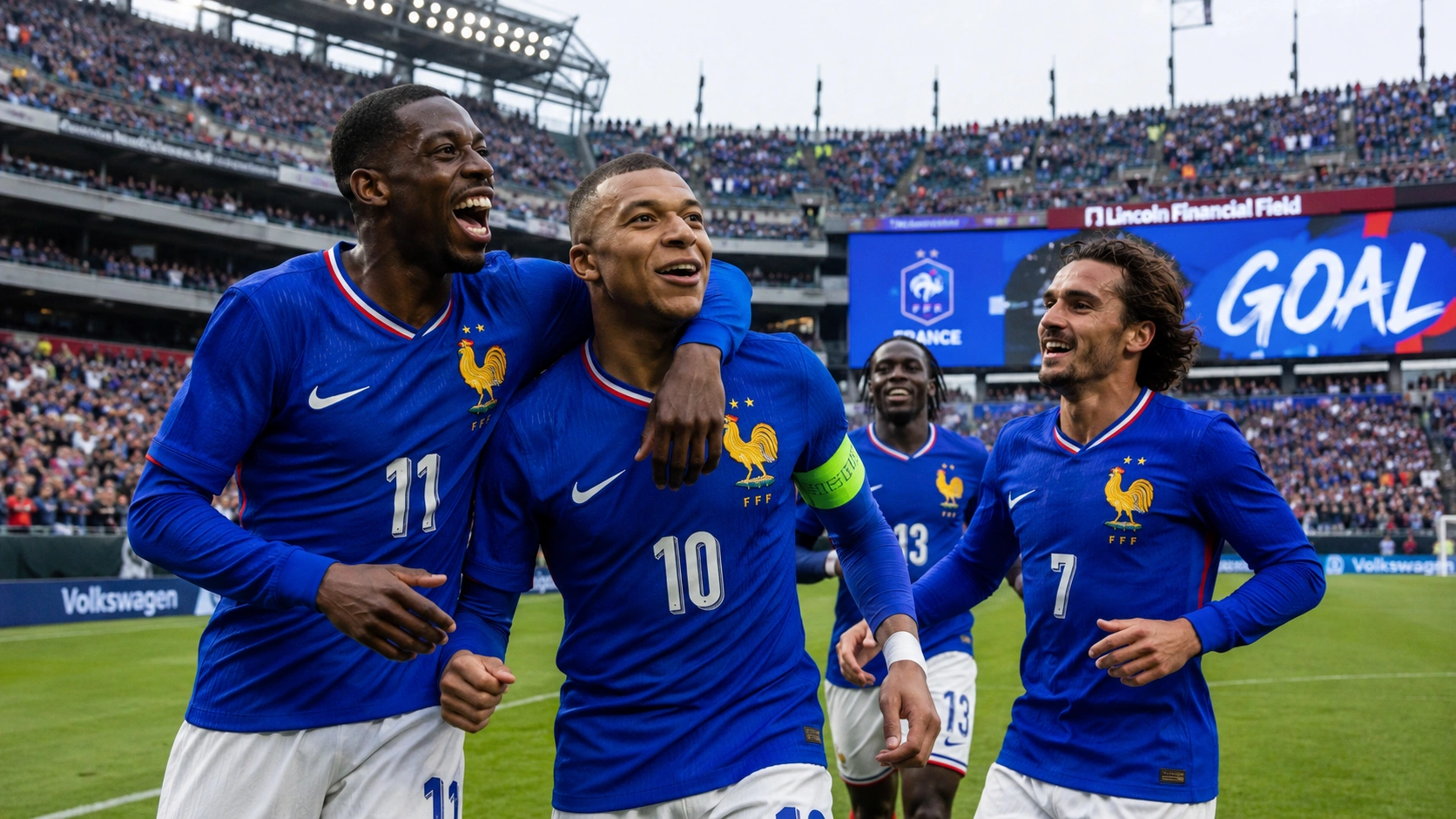 Kylian Mbappe celebrates with teammates after scoring for France against Iraq during the 2026 FIFA World Cup at Lincoln Financial Field, Philadelphia.