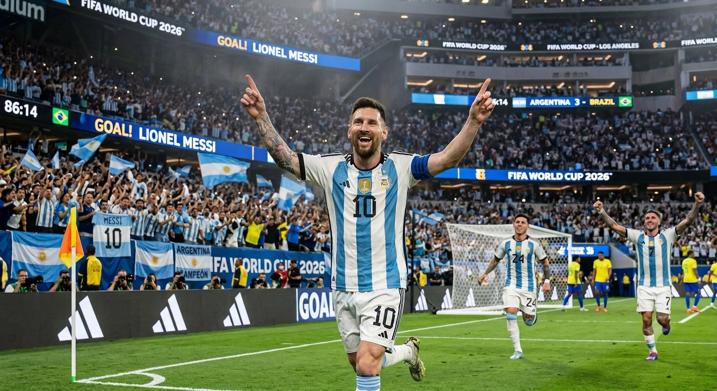 Lionel Messi raises his arms after scoring his record-breaking goal for Argentina against Austria at AT&T Stadium, Arlington, Texas.