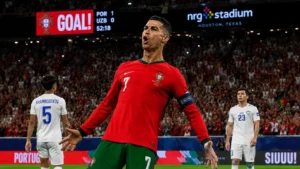 Cristiano Ronaldo celebrates his record-breaking goal for Portugal against Uzbekistan at NRG Stadium, Houston, 2026 FIFA World Cup.