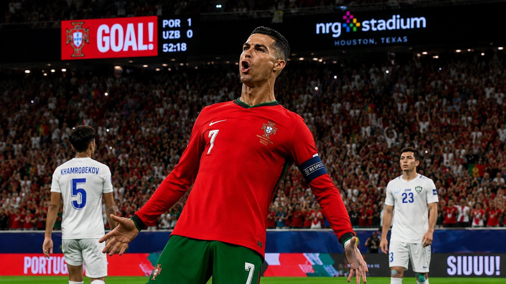 Cristiano Ronaldo celebrates his record-breaking goal for Portugal against Uzbekistan at NRG Stadium, Houston, 2026 FIFA World Cup.