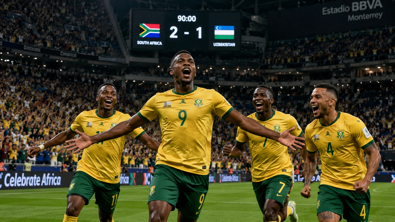 South Africa players celebrate Thapelo Maseko's winning goal against South Korea at Estadio BBVA, Monterrey, at the 2026 FIFA World Cup.
